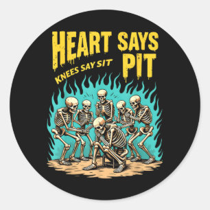 Oude skelet hart zegt put knieën zeggen zitten ronde sticker