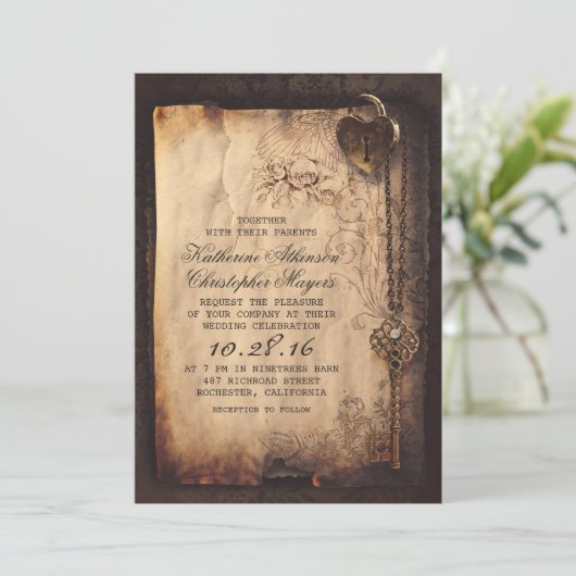 Oude Skelet Key  en Gotische Bruiloft Kaart (Staand voorkant)