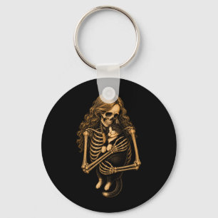 Oude skelet knuffelende tuxedo kat Halloween kat Sleutelhanger