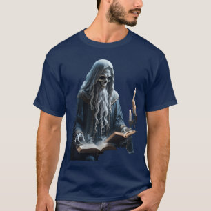 Oude skelet lezend bij kaarslicht uitgesneden t-shirt