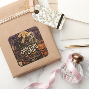 Oude Skeletons en Katten Halloween Vierkante Sticker