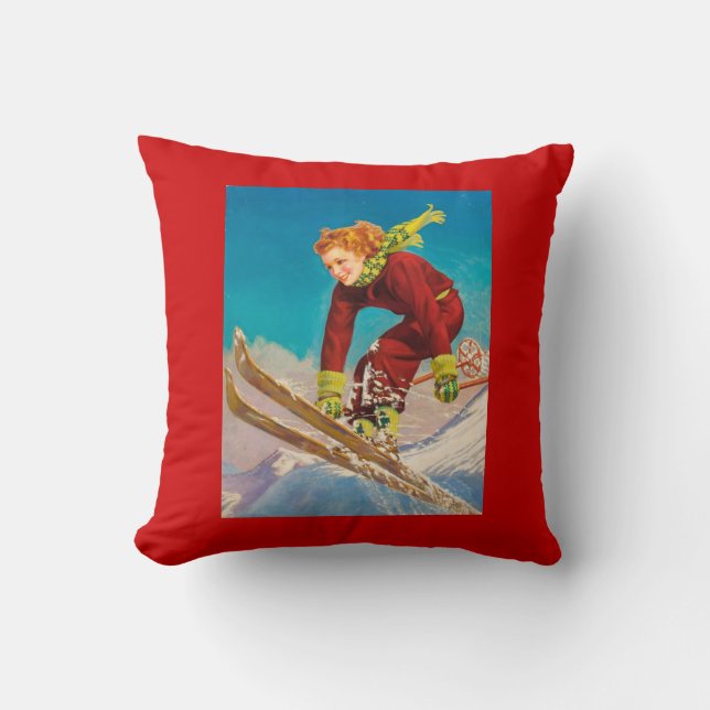 Oude skiposter, dame skiet bergafwaarts kussen (Voorkant)