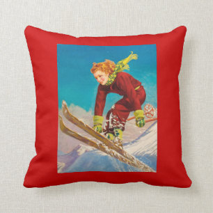 Oude skiposter, dame skiet bergafwaarts kussen