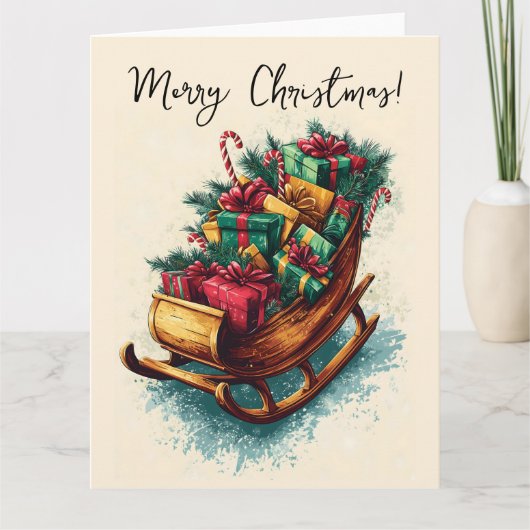 Oude slee vol kerstcadeaus kaart (Voorkant)