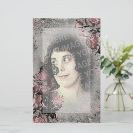 Oude sleutel en Rozen Aangepaste foto Briefpapier (Staand voorkant)
