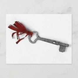 OUDE SLEUTEL MET RODE RIBBON BRIEFKAART