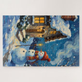 Oude sneeuwman bij kaarsverlichte kerstcottage legpuzzel (Horizontaal)