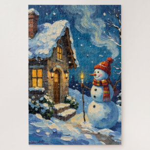 Oude sneeuwman bij kaarsverlichte kerstcottage legpuzzel