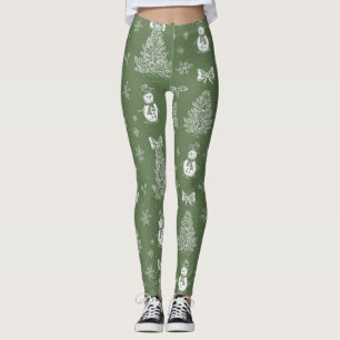 Oude Sneeuwman Kerst Toile Salie Groen Wit Leggings