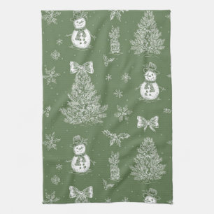 Oude Sneeuwman Kerst Toile Salie Groen Wit Theedoek