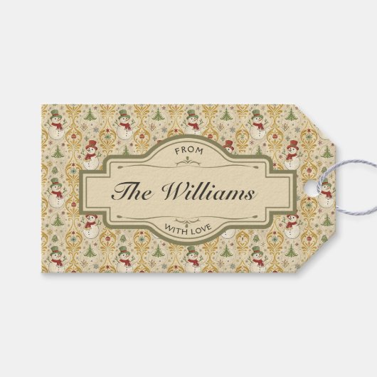 Oude sneeuwman & kerstboom op maat cadeaulabel (Voorkant (Horizontaal))