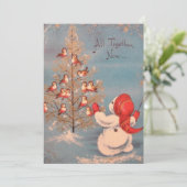 Oude sneeuwman laat vogels zingen  feestdagenkaart (Staand voorkant)