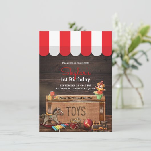 Oude  Speelgoed Houten Toybox 1e Verjaardag Kaart (Staand voorkant)