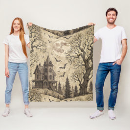 Oude spookhuis & volle maan fleece deken