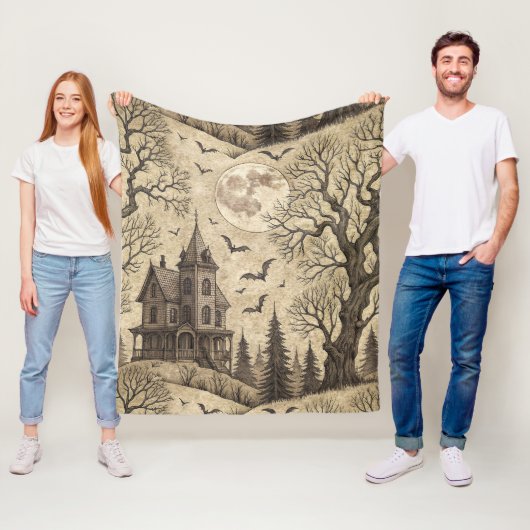 Oude spookhuis & volle maan fleece deken (In situ)