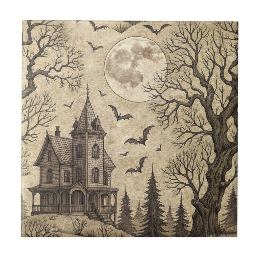 Oude spookhuis & volle maan tegeltje (Voorkant)