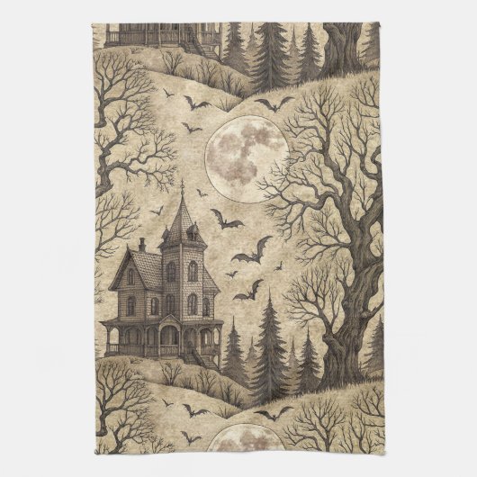 Oude spookhuis & volle maan theedoek (Verticaal)