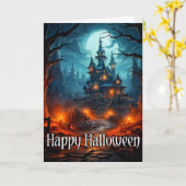 Oude Spooky Mansion Happy Halloween Kaart (Gele Bloem)