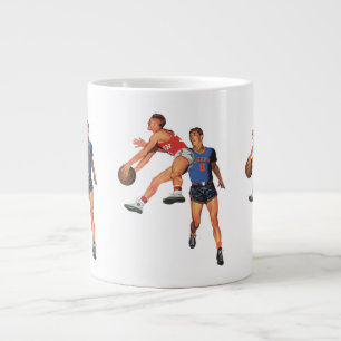 Oude sport, basketbalspelers in een wedstrijd grote koffiekop