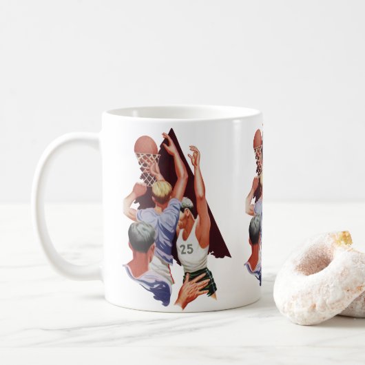Oude sport, basketbalspelers in een wedstrijd koffiemok (Met donut)