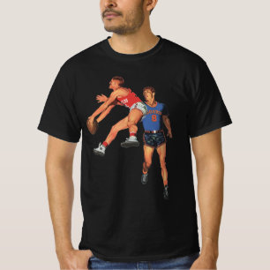 Oude sport, basketbalspelers in een wedstrijd t-shirt