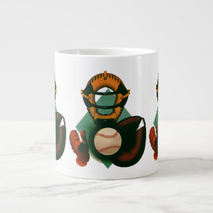 Oude sport honkbalspeler, catcher met handschoen grote koffiekop