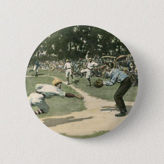 Oude sport, honkbalspeler die naar thuis glijdt ronde button 5,7 cm (Voorkant)