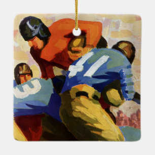 Oude sport, voetballers in een wedstrijd keramisch ornament