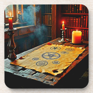 Oude spreuken op een mystieke rol bier onderzetter