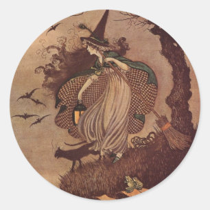 Oude Sprookjesboek Heks en Zwarte Kat Halloween Ronde Sticker