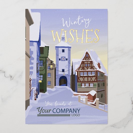 Oude Stad, Beieren Blauw, Gouden Bedrijf Kerstmis Folie Feestdagenkaart (Voorkant)