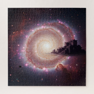 Oude stad drijvend diep universum mysterie kosmisc legpuzzel