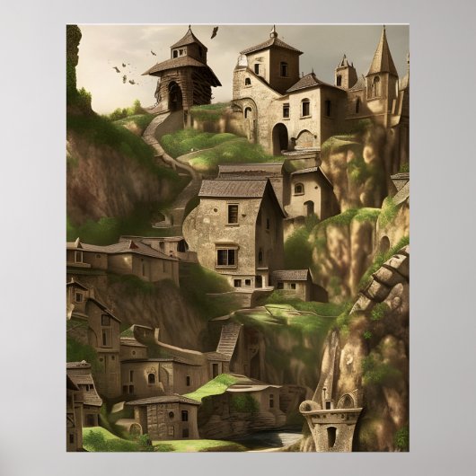 Oude stad in berghuizen poster (Voorkant)