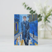 Oude stad, man, straat, wandelstok briefkaart (Staand voorkant)