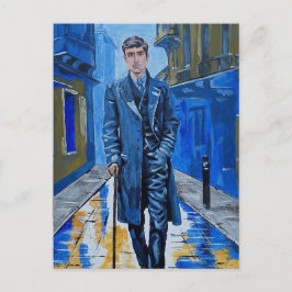 Oude stad, man, straat, wandelstok briefkaart