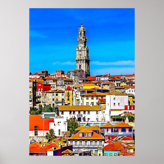 Oude stad Porto met tower Clerigos Poster (Voorkant)
