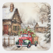 Oude Stad  Rode Groene Vrachtwagen Kerstbomen Vierkante Sticker (Voorkant)