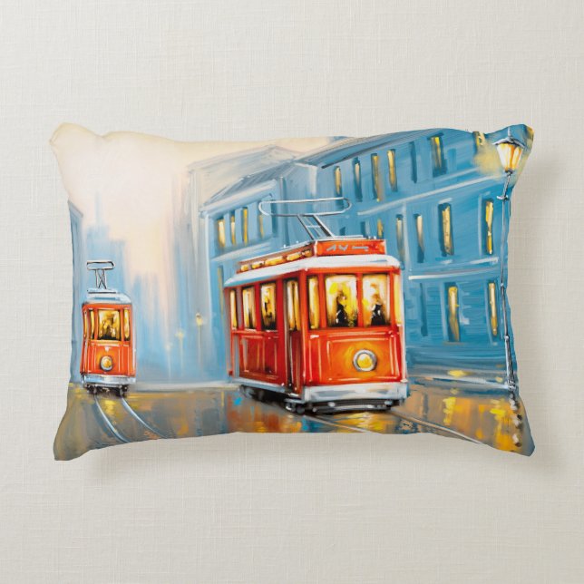 Oude Stad Tram Olieverfschilderij Accent Kussen (Voorkant)