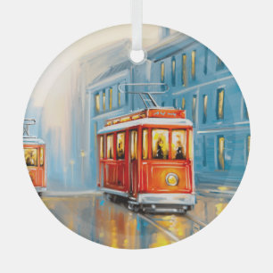 Oude Stad Tram Olieverfschilderij Glas Ornament
