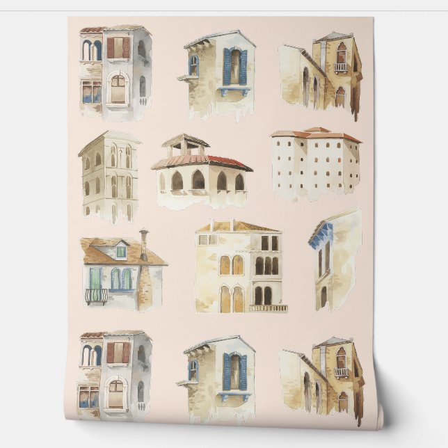 Oude stad Waterverf schetsen delicaat Behang (Afrollen)