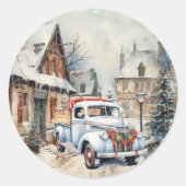 Oude Stad Witte Vrachtwagen Kerstmis Straat Scen Ronde Sticker (Voorkant)