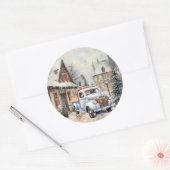 Oude Stad Witte Vrachtwagen Kerstmis Straat Scen Ronde Sticker (Envelop)