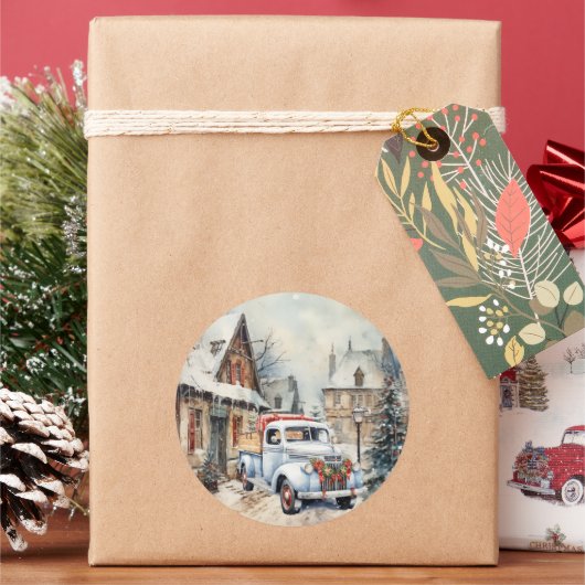 Oude Stad Witte Vrachtwagen Kerstmis Straat Scen Ronde Sticker (Feestdagen)