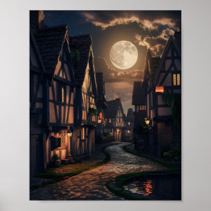 Oude Stadsnacht Volle Maan Poster