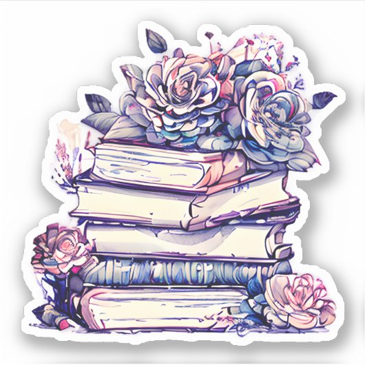 Oude stapel boeken en rozen sticker (Voorkant)