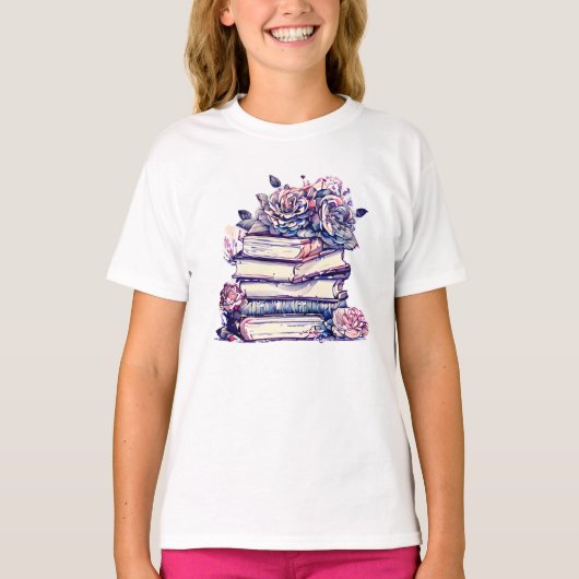Oude stapel boeken en rozen t-shirt (Voorkant)