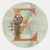 Oude Steampunk Bloem Letter E Ronde Sticker (Voorkant)