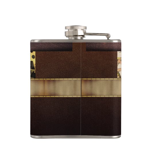 Oude Steampunk Tandwielen Metaal Leer Heupfles (Achterkant)