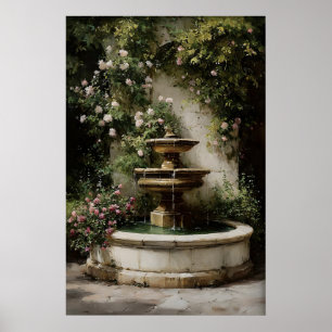 Oude stenen tuinsproeier print, 19e eeuw olieverf poster
