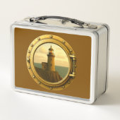 Oude Stenen Vuurtoren Bruin Metalen Lunchbox (Achterkant)